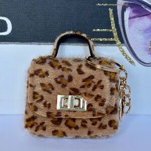 Leopard Print Faux Fur Mini Handbag Keychain - Brown